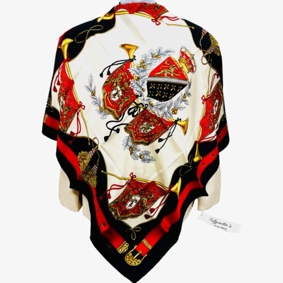 Unused Celine Paris 100% Silk Scarf Satin 34" Beige Black Red Prumpet Bow  (37 - Picture 1 of 16